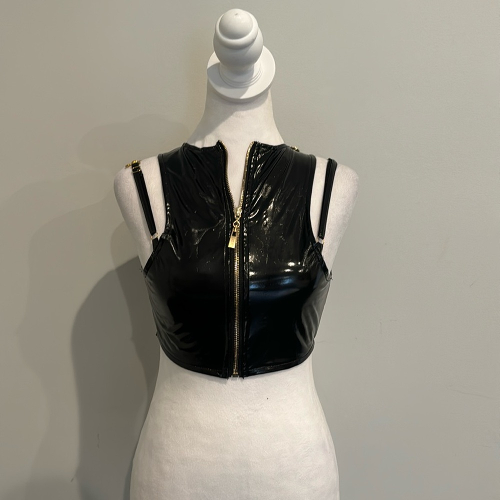 Black & Gold Latex Strap Crop Top
